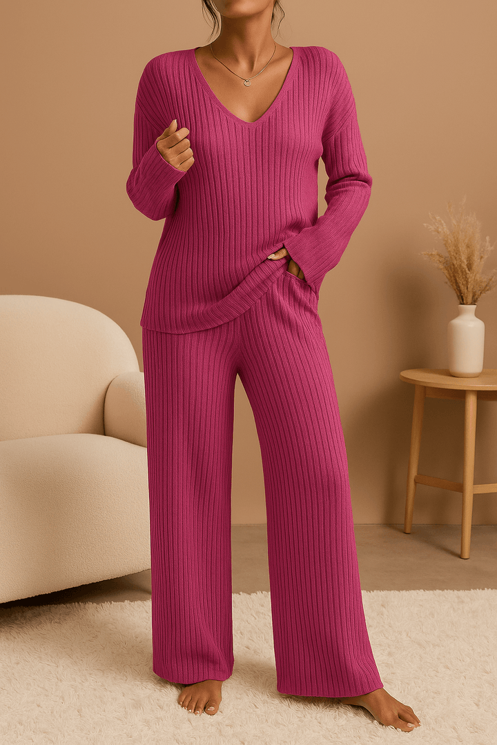 Evangeline Damen Lounge-Set mit Rippmuster & V-Ausschnitt