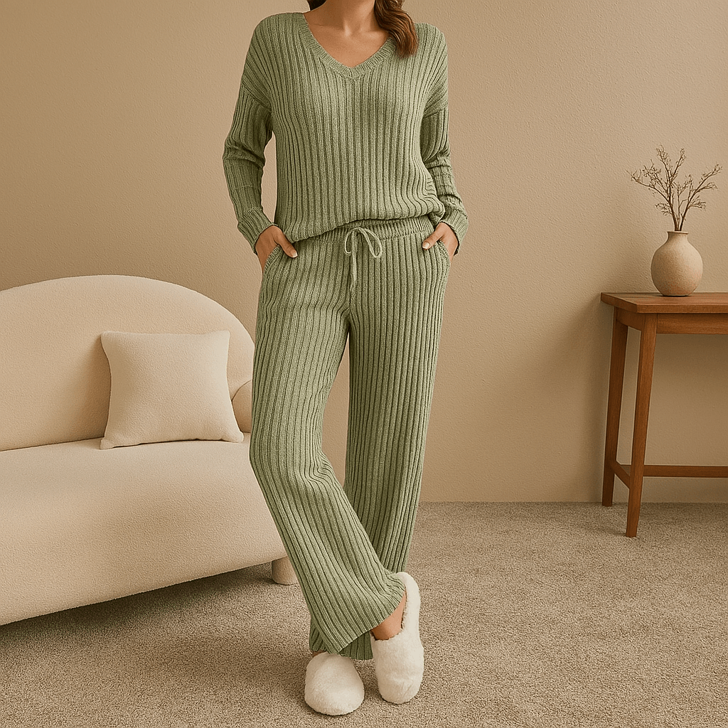 Evangeline Damen Lounge-Set mit Rippmuster & V-Ausschnitt