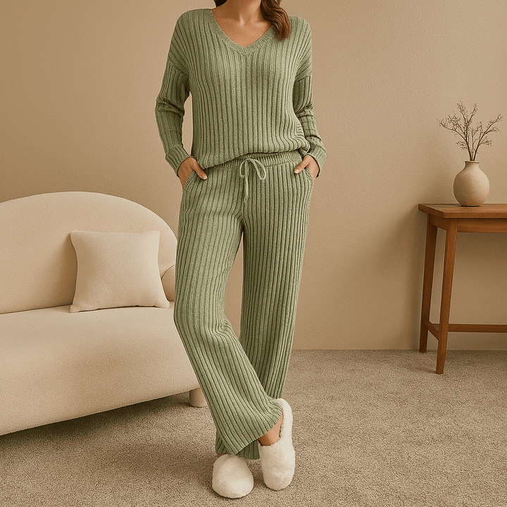 Evangeline Damen Lounge-Set mit Rippmuster & V-Ausschnitt