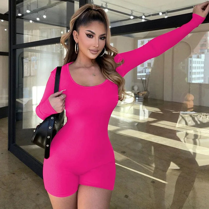 Herbstliche schwarze Playsuits für Damen – Figurbetonendes Langarm-O-Ausschnitt-Romper für Freizeit und Sport 5