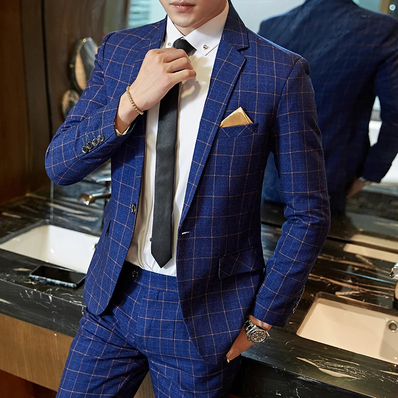 Herren Karierter Anzug Ein-Knopf Design – Pflegeleicht, Schmaler Schnitt, Für Hochzeiten und Formelle Anlässe, Größen M-5XL 0