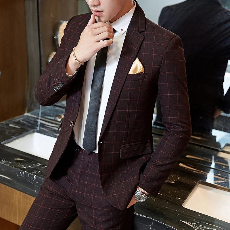 Herren Karierter Anzug Ein-Knopf Design – Pflegeleicht, Schmaler Schnitt, Für Hochzeiten und Formelle Anlässe, Größen M-5XL 1