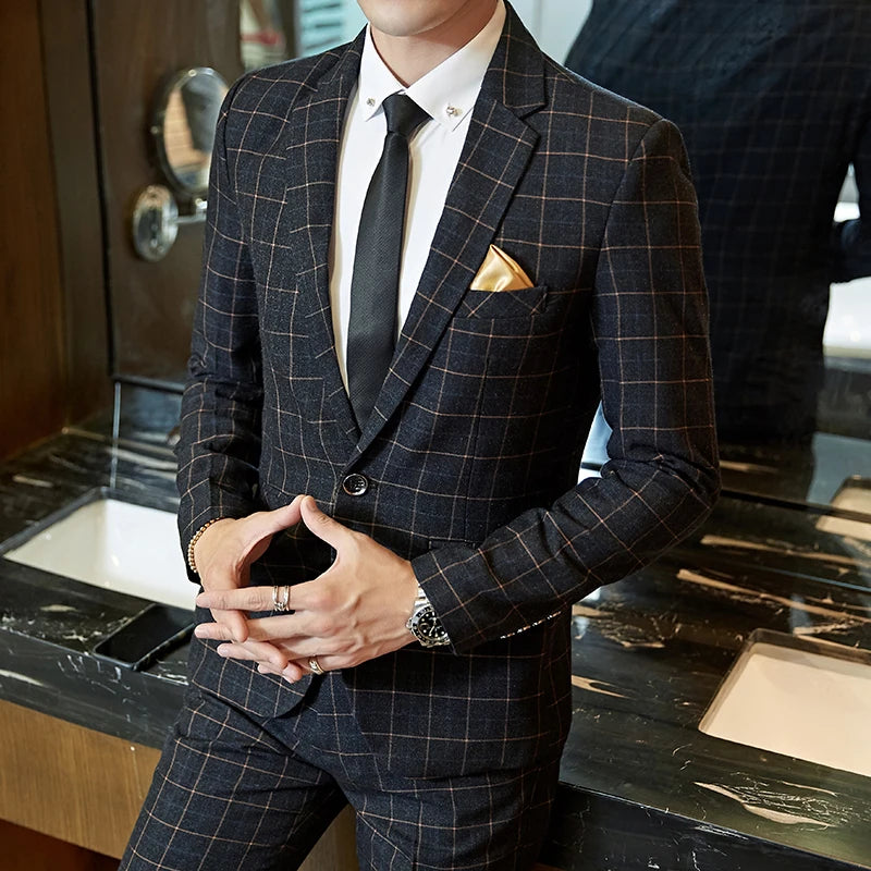Herren Karierter Anzug Ein-Knopf Design – Pflegeleicht, Schmaler Schnitt, Für Hochzeiten und Formelle Anlässe, Größen M-5XL 3