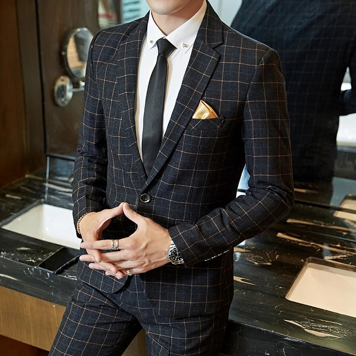 Herren Karierter Anzug Ein-Knopf Design – Pflegeleicht, Schmaler Schnitt, Für Hochzeiten und Formelle Anlässe, Größen M-5XL 3