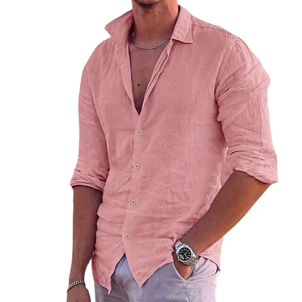 Herren Polo Hemd aus Baumwolle und Leinen – Langarm, Casual, Ideal für Strand und Freizeit 0