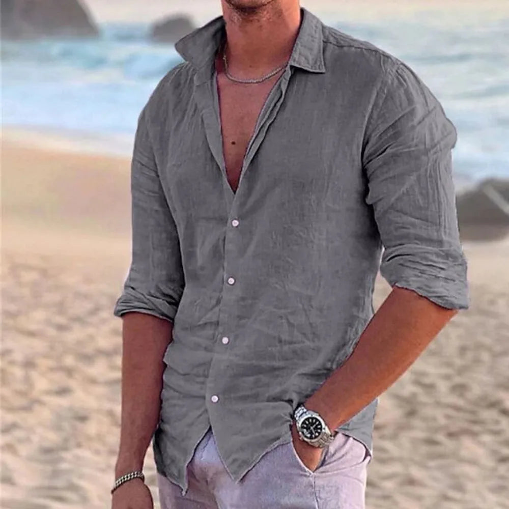 Herren Polo Hemd aus Baumwolle und Leinen – Langarm, Casual, Ideal für Strand und Freizeit 1