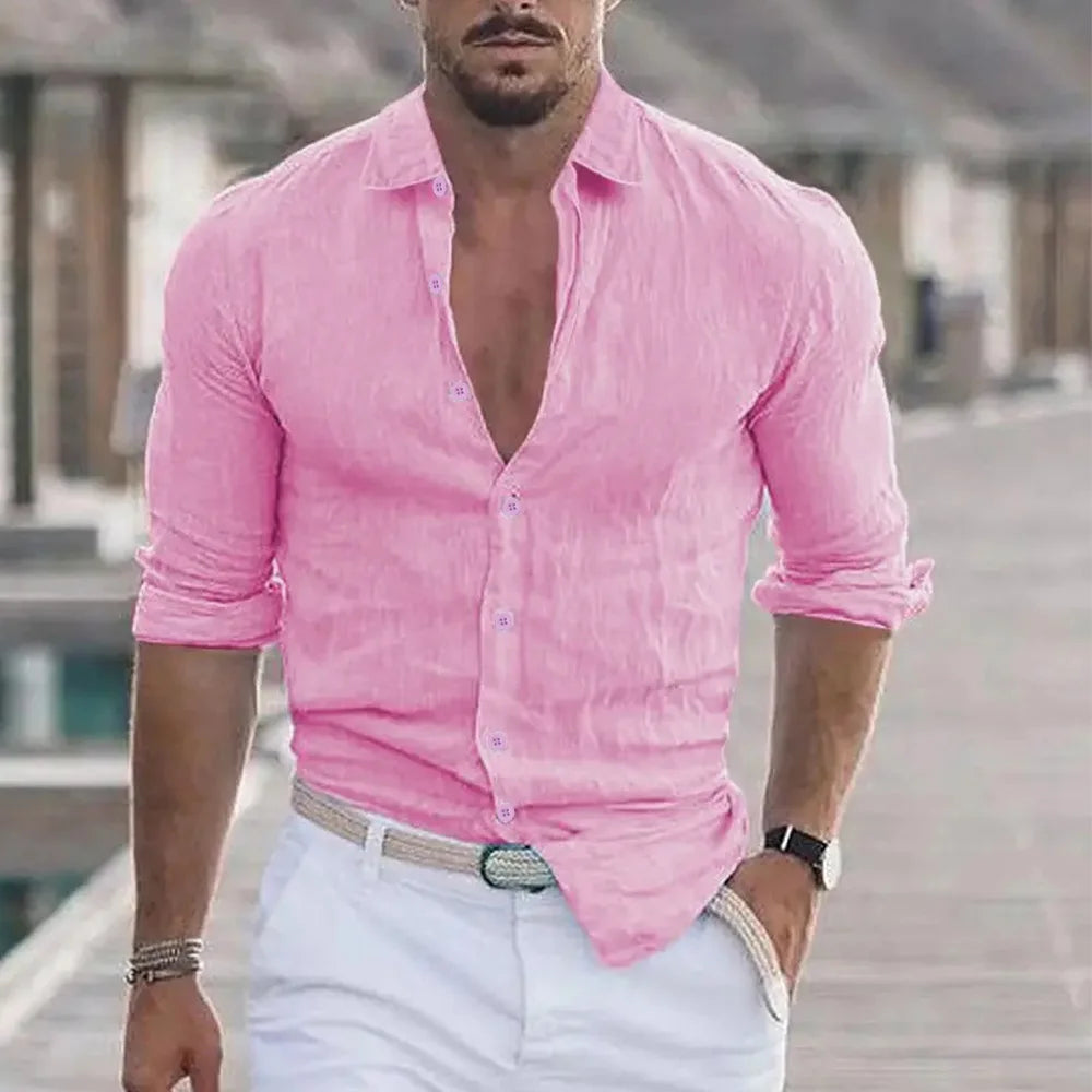 Herren Polo Hemd aus Baumwolle und Leinen – Langarm, Casual, Ideal für Strand und Freizeit 11