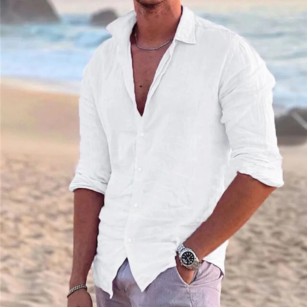 Herren Polo Hemd aus Baumwolle und Leinen – Langarm, Casual, Ideal für Strand und Freizeit 3