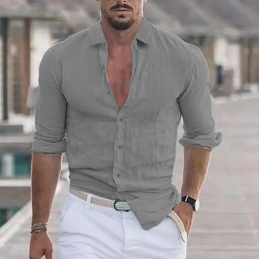 Herren Polo Hemd aus Baumwolle und Leinen – Langarm, Casual, Ideal für Strand und Freizeit 7