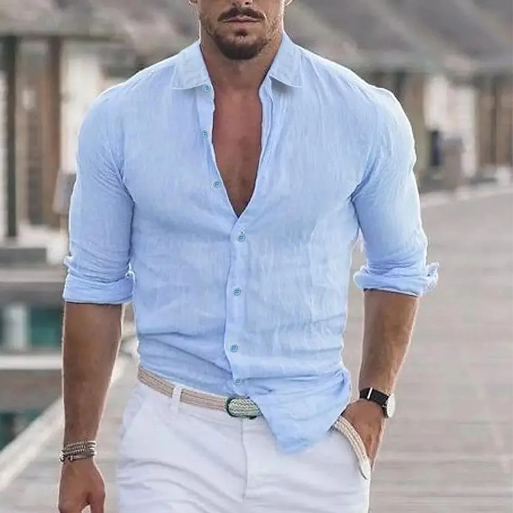 Herren Polo Hemd aus Baumwolle und Leinen – Langarm, Casual, Ideal für Strand und Freizeit 8