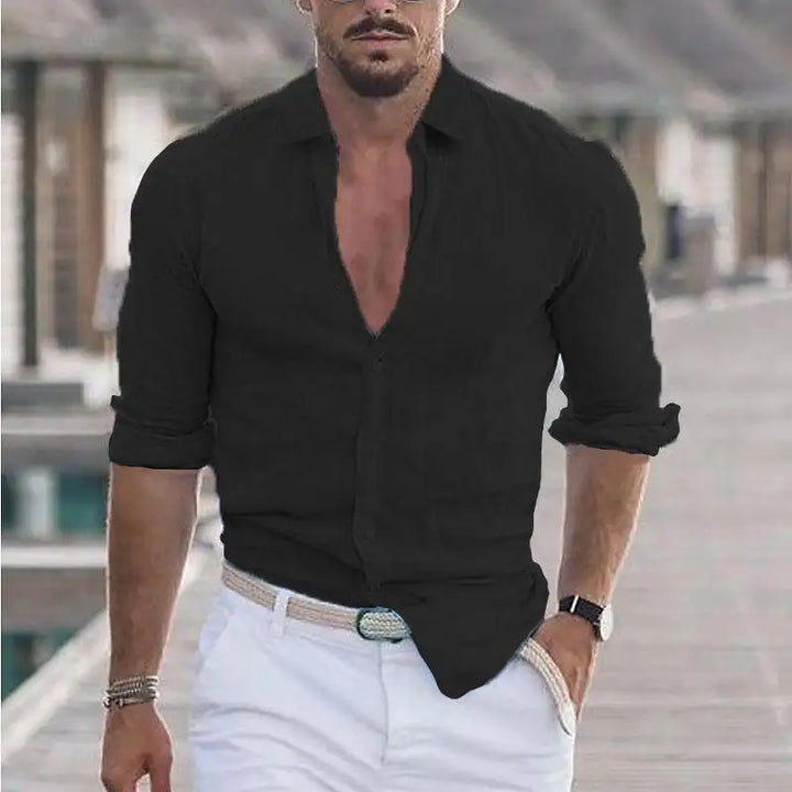 Herren Polo Hemd aus Baumwolle und Leinen – Langarm, Casual, Ideal für Strand und Freizeit 9