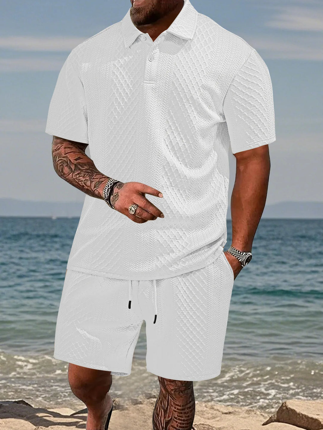 Herren Poloshirt und Shorts Set aus Leichtem Strickstoff – Kurzarm, Kordelzug, Ideal für Sommer und Freizeit 2