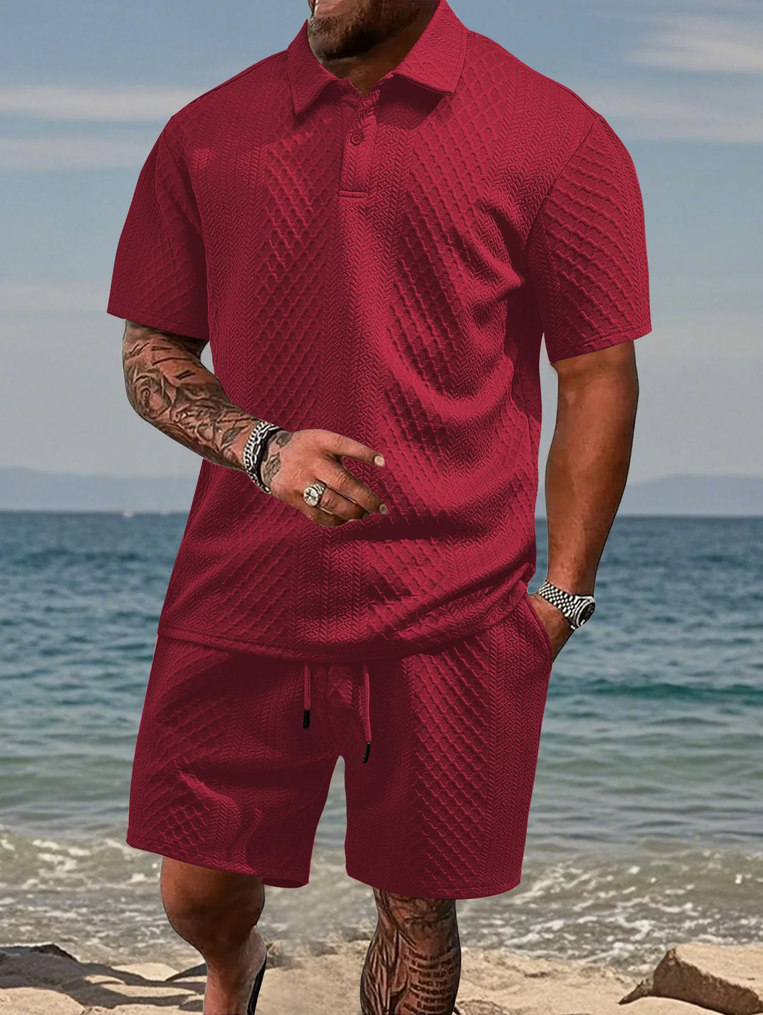 Herren Poloshirt und Shorts Set aus Leichtem Strickstoff – Kurzarm, Kordelzug, Ideal für Sommer und Freizeit 3