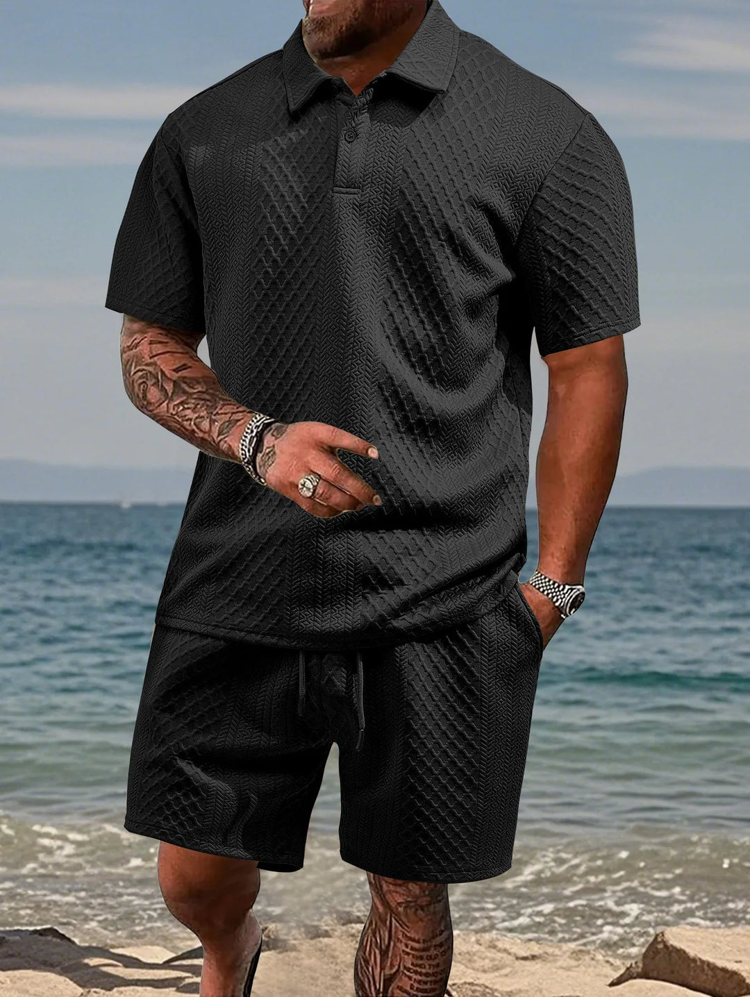 Herren Poloshirt und Shorts Set aus Leichtem Strickstoff – Kurzarm, Kordelzug, Ideal für Sommer und Freizeit 4