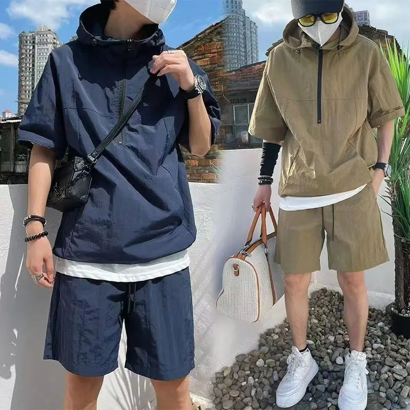Herren Sommer Set mit Kapuze und Reißverschluss – Lockere Shorts und Oberteil aus Baumwollmischung in Trendfarben 2
