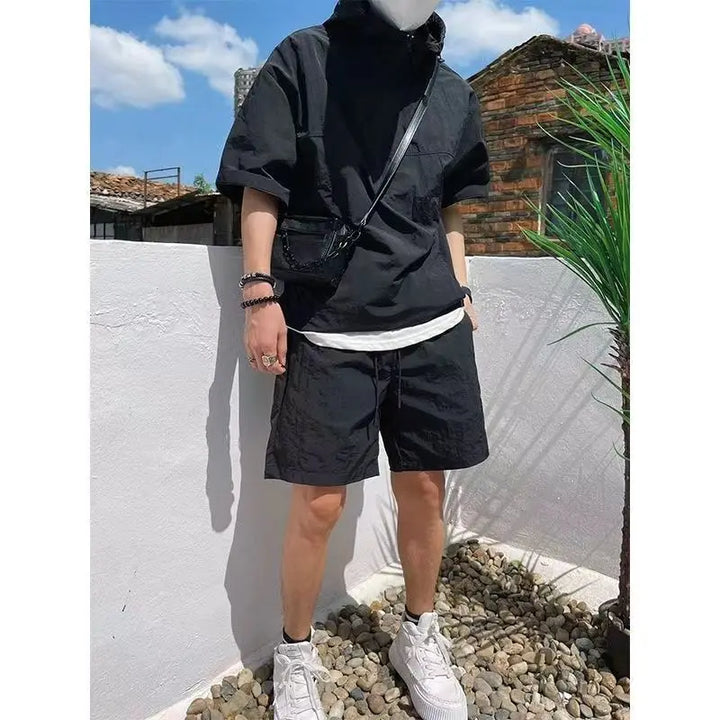 Herren Sommer Set mit Kapuze und Reißverschluss – Lockere Shorts und Oberteil aus Baumwollmischung in Trendfarben 5
