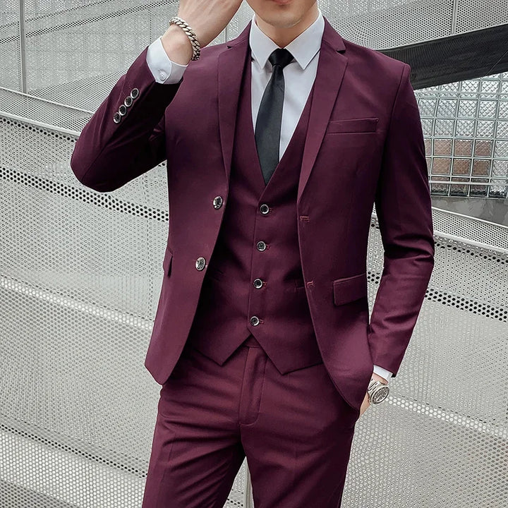 Herrenanzug Slim Fit Einfarbig mit Weste für Business und Formalanlässe 3