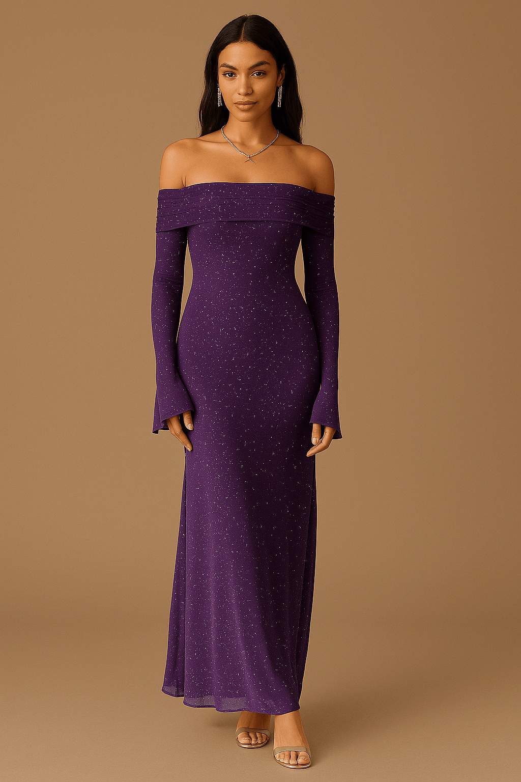 Maxikleid Damen Off Shoulder – Pailletten mit Flounce Ärmeln