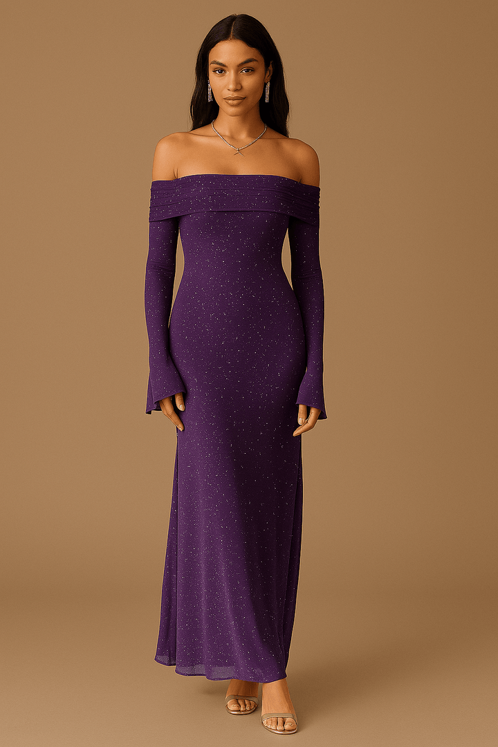Maxikleid Damen Off Shoulder – Pailletten mit Flounce Ärmeln