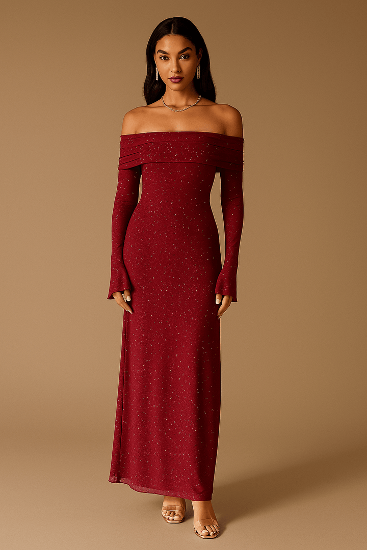 Maxikleid Damen Off Shoulder – Pailletten mit Flounce Ärmeln
