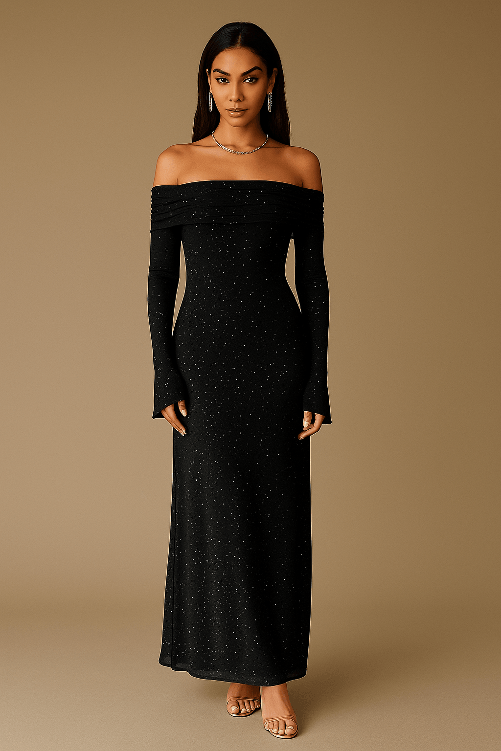 Maxikleid Damen Off Shoulder – Pailletten mit Flounce Ärmeln