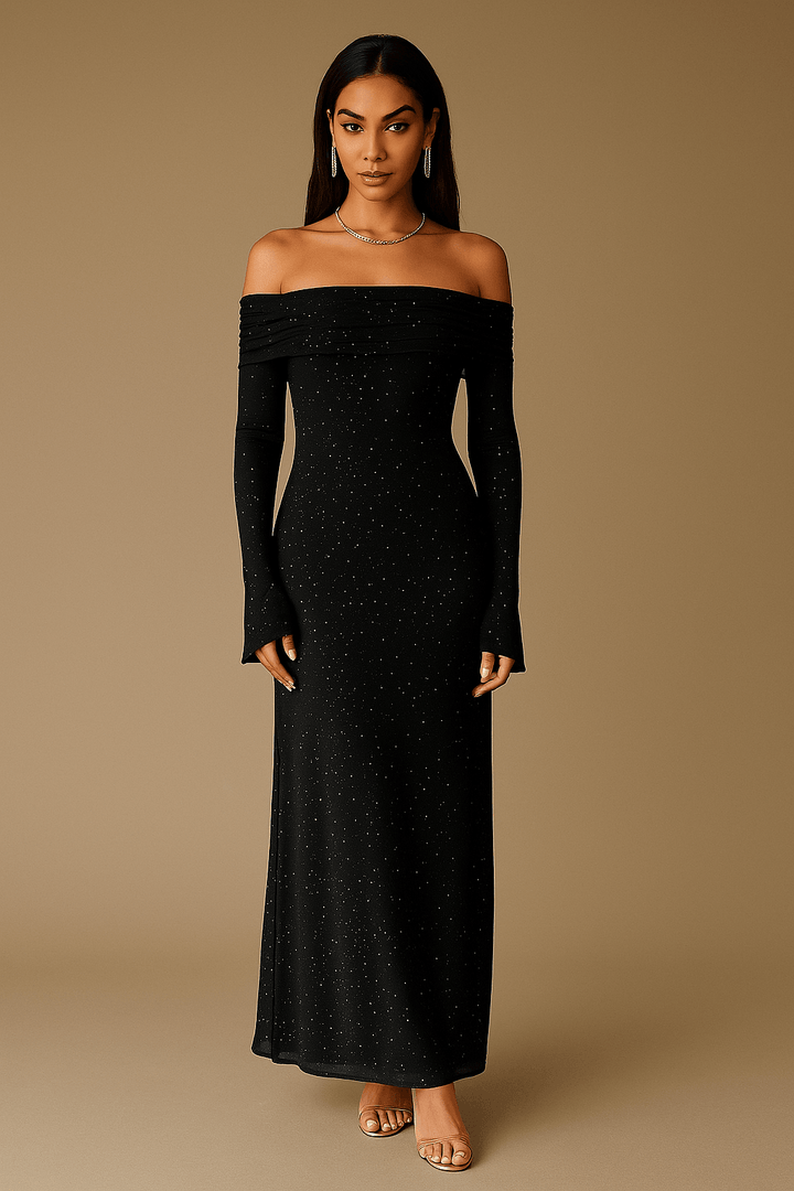 Maxikleid Damen Off Shoulder – Pailletten mit Flounce Ärmeln
