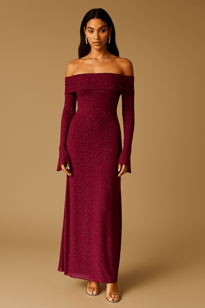 Maxikleid Damen Off Shoulder – Pailletten mit Flounce Ärmeln