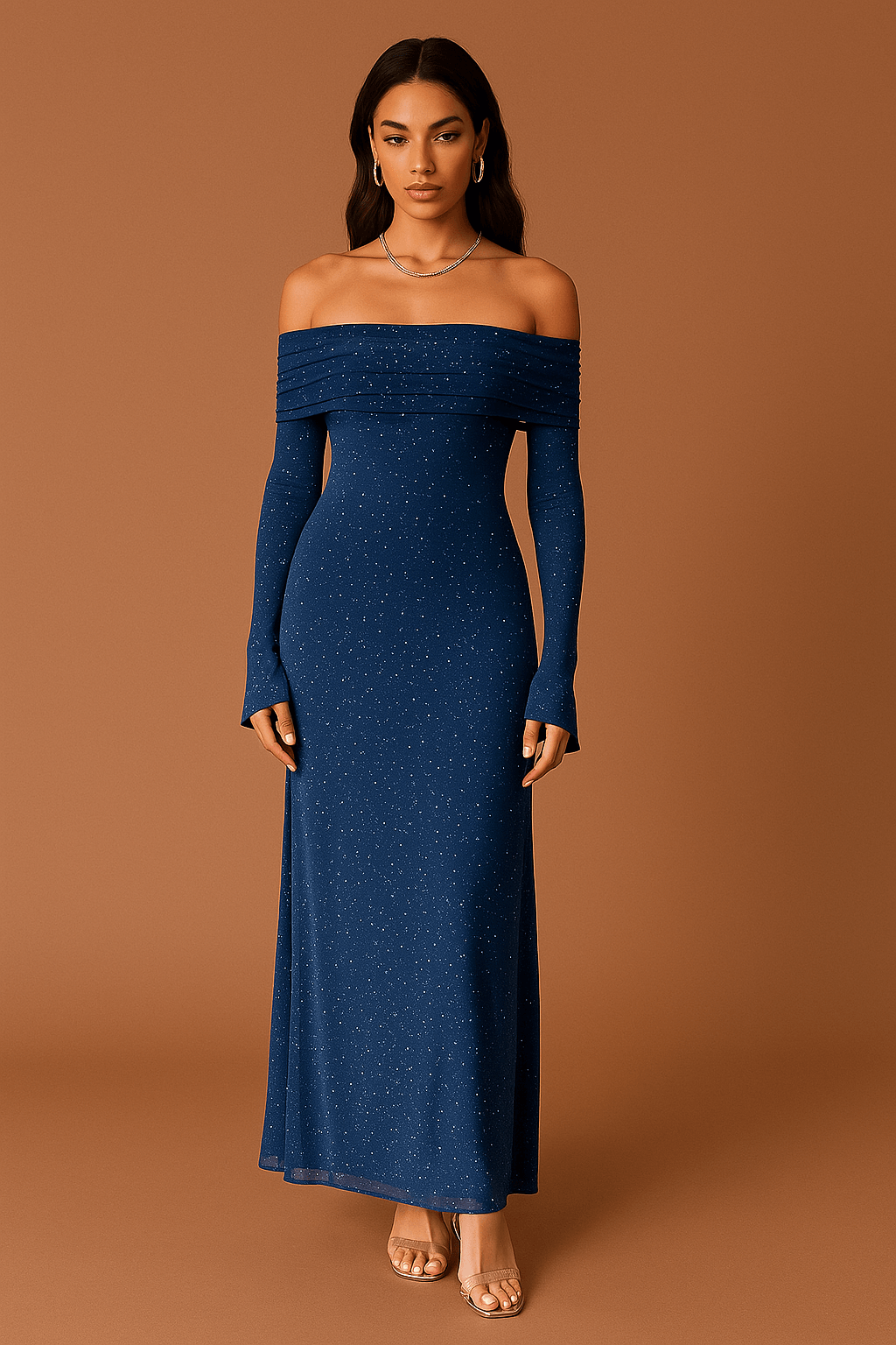 Maxikleid Damen Off Shoulder – Pailletten mit Flounce Ärmeln