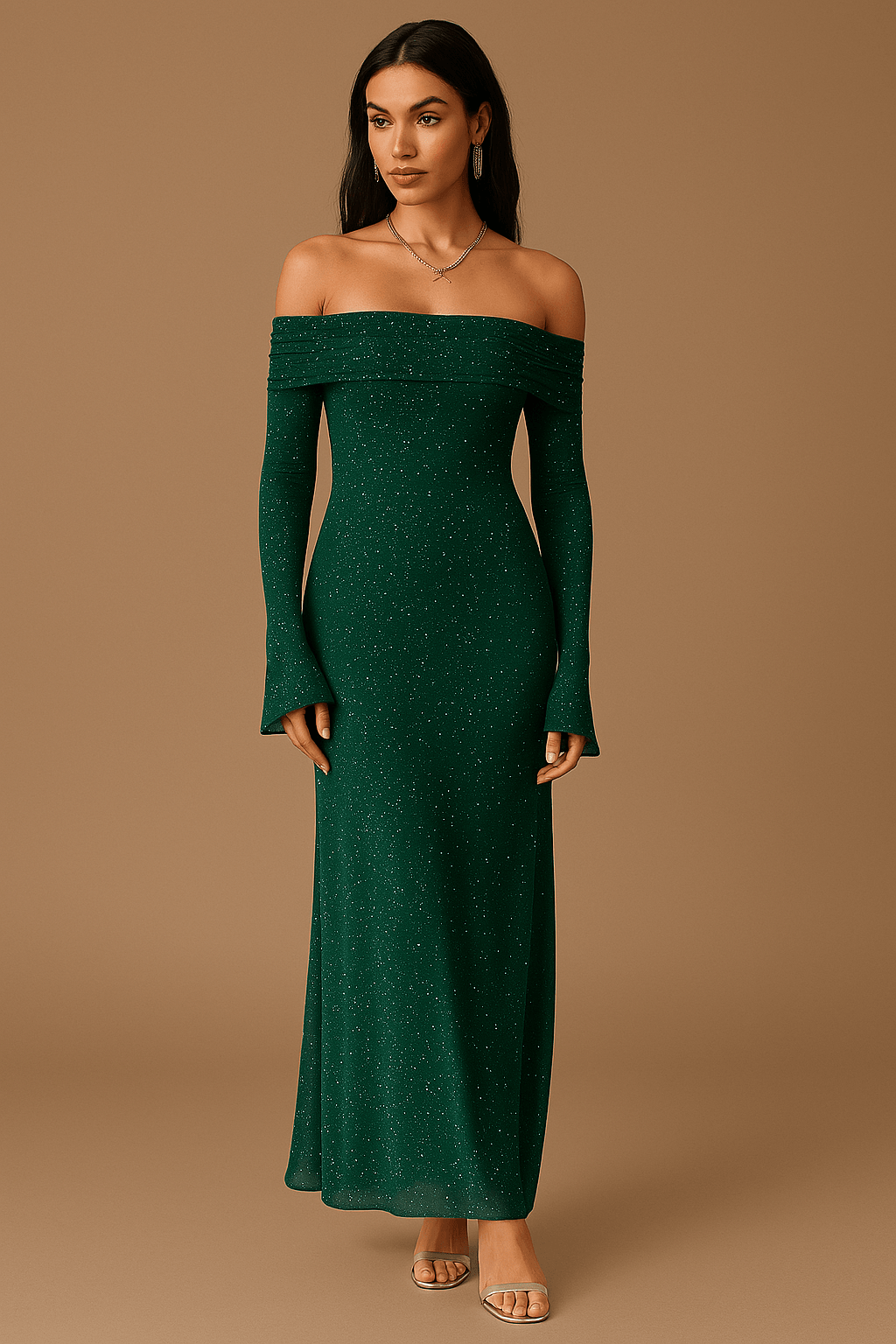 Maxikleid Damen Off Shoulder – Pailletten mit Flounce Ärmeln