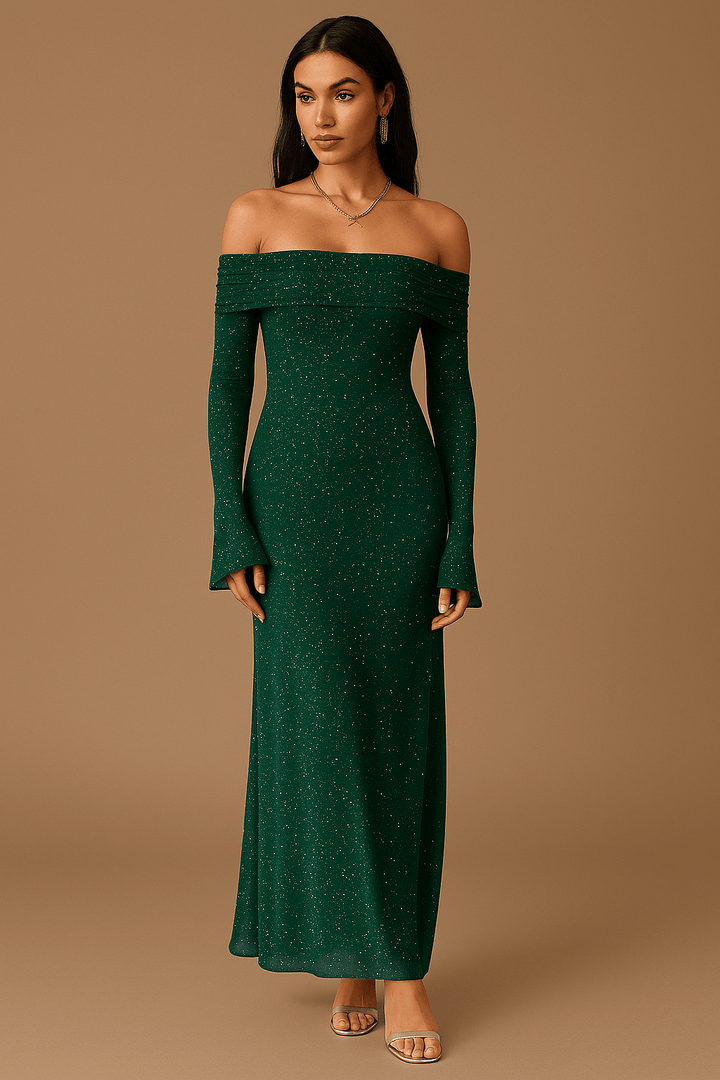 Maxikleid Damen Off Shoulder – Pailletten mit Flounce Ärmeln