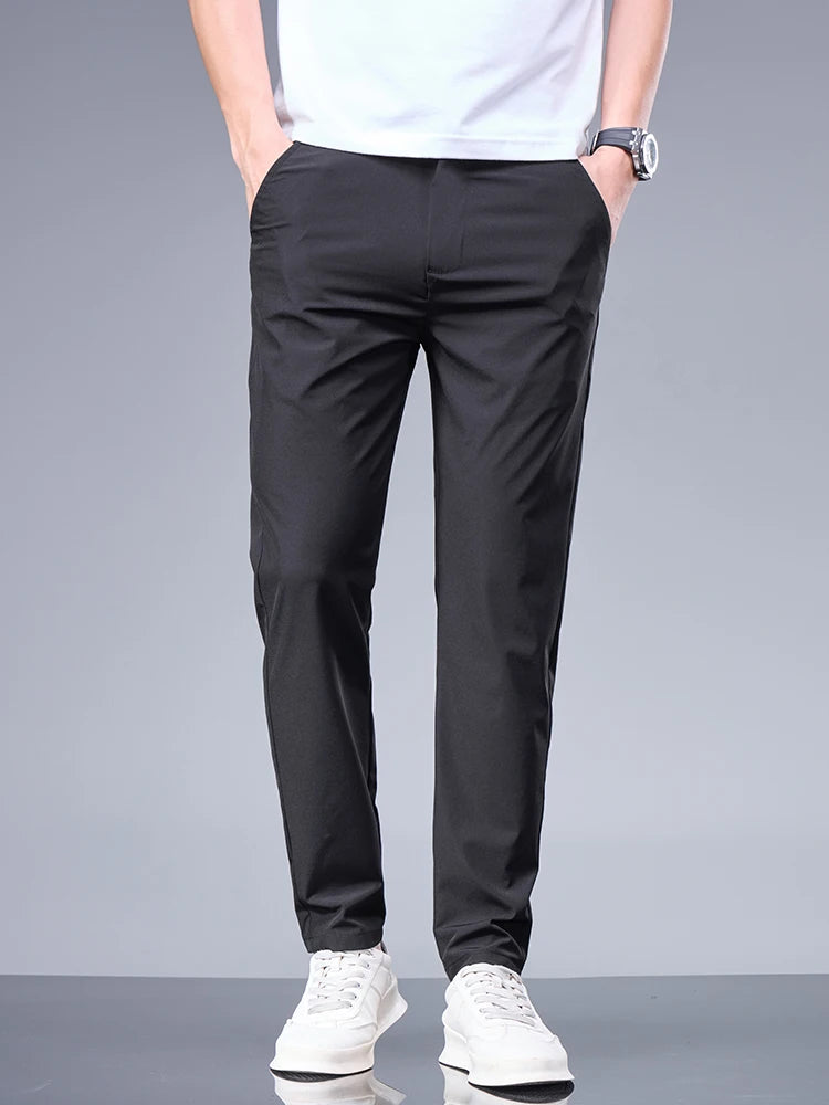 Sommerliche Business Ice Silk Hose – Gerade, Elastischer Bund, Atmungsaktive Herrenanzughose in Schwarz und Grau 5